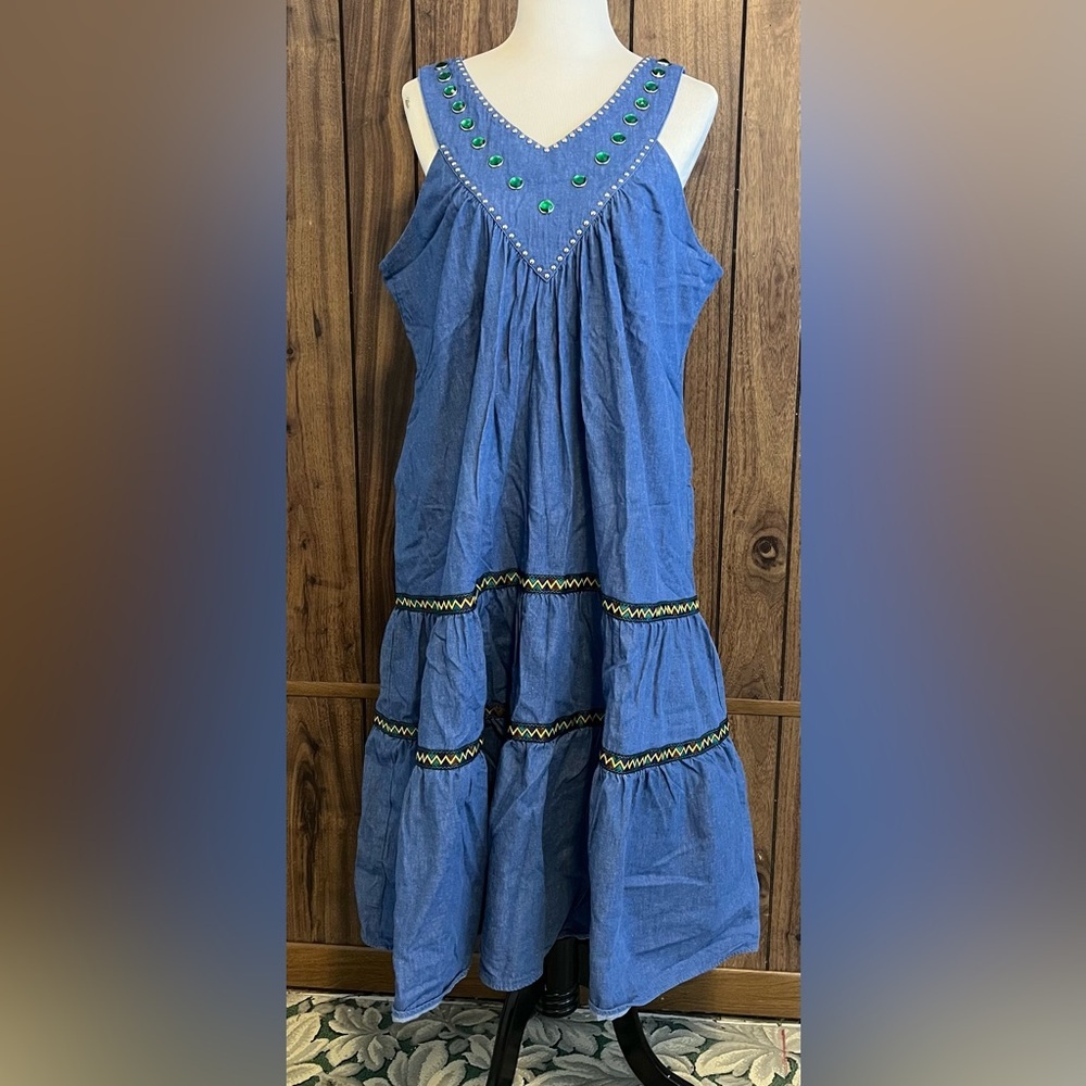 Vintage 90s Spencer Creations Denim Embellished Vneck W/pockets Midi Dress Sz L